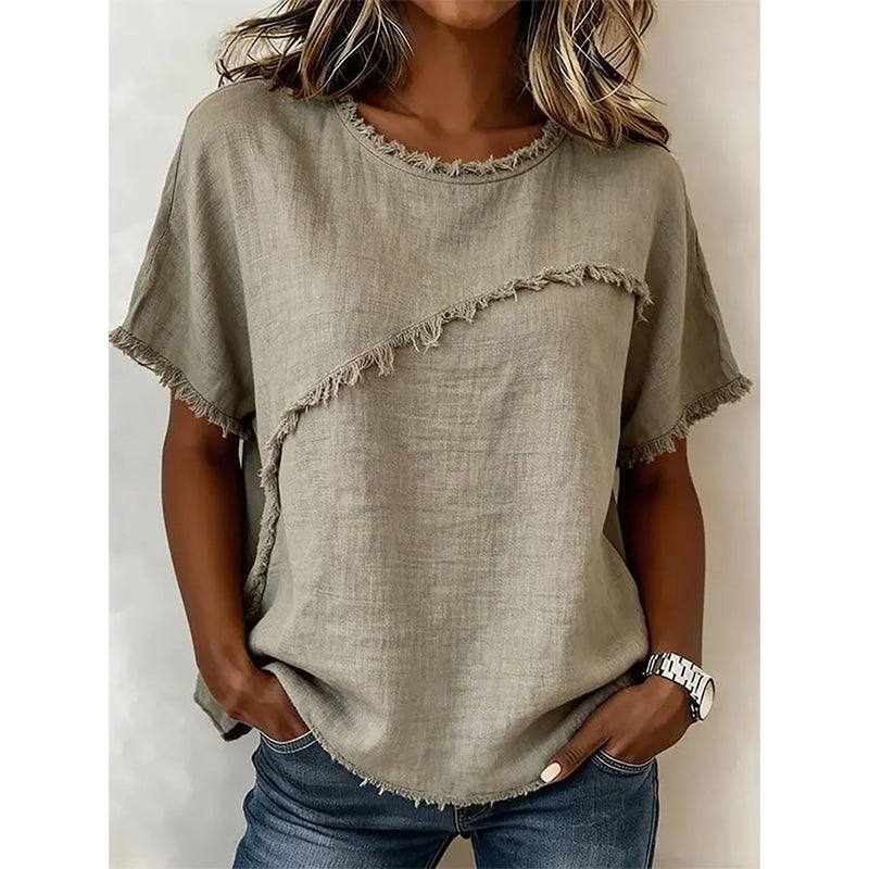 👚 ¡OFERTA LIMITADA 50% OFF! 💥 Top de Verano para Mujer con Paneles de Borde Sin Rematar – Cuello Redondo, Corte Holgado, Estilo Atrevido ✨