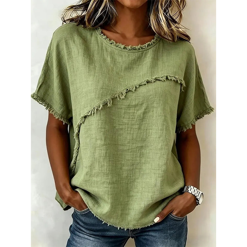 👚 ¡OFERTA LIMITADA 50% OFF! 💥 Top de Verano para Mujer con Paneles de Borde Sin Rematar – Cuello Redondo, Corte Holgado, Estilo Atrevido ✨