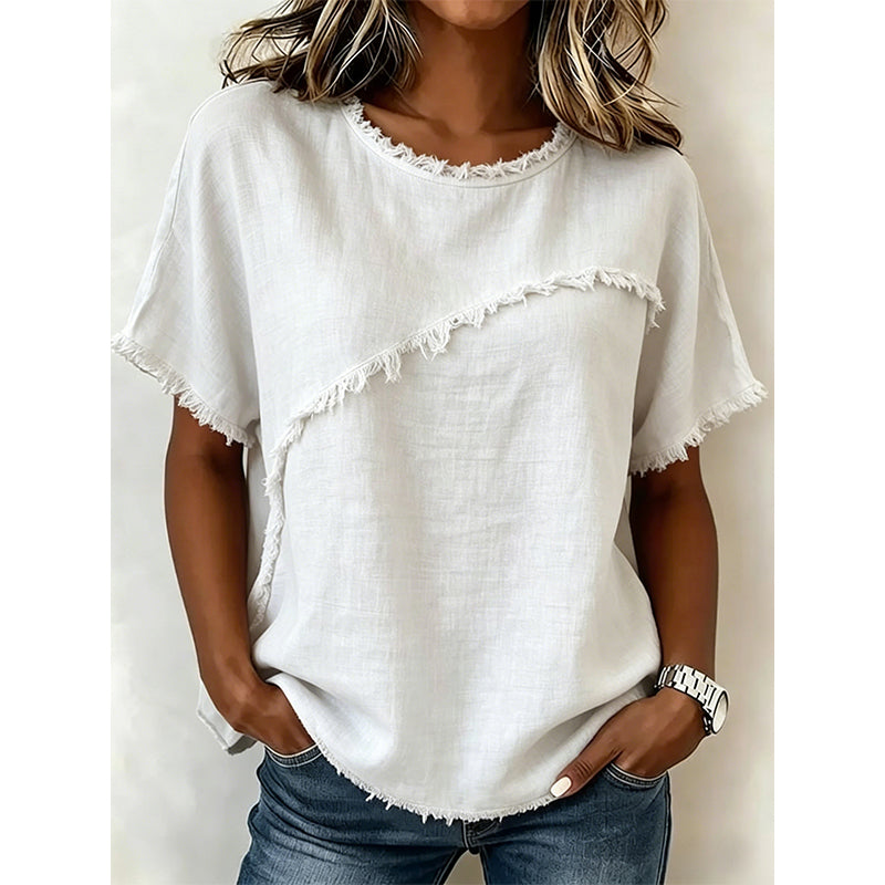 👚 ¡OFERTA LIMITADA 50% OFF! 💥 Top de Verano para Mujer con Paneles de Borde Sin Rematar – Cuello Redondo, Corte Holgado, Estilo Atrevido ✨