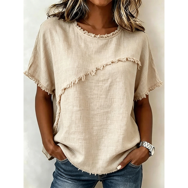 👚 ¡OFERTA LIMITADA 50% OFF! 💥 Top de Verano para Mujer con Paneles de Borde Sin Rematar – Cuello Redondo, Corte Holgado, Estilo Atrevido ✨