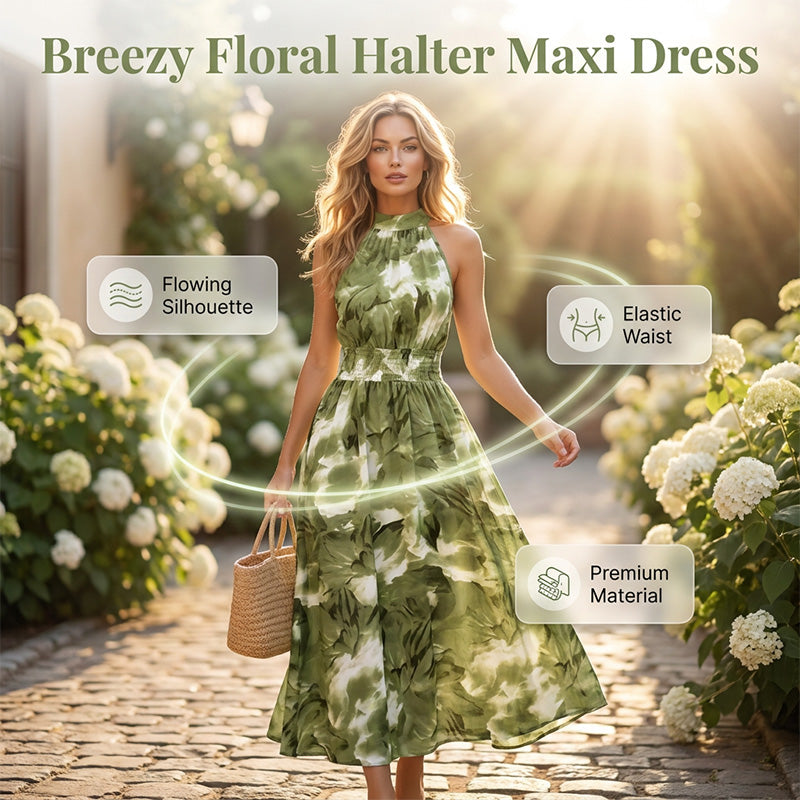 👗 LIMITED-TIME 50% OFF! 💥 Women's Halter Neck Sleeveless Printed Dress – Smocked Waist, Floral, Flowy ✨
