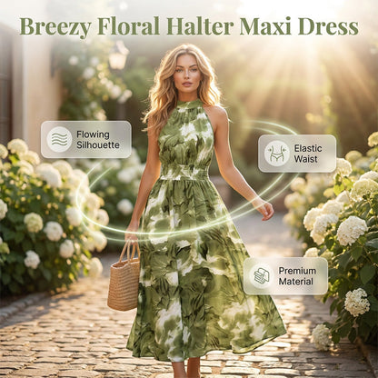 👗 LIMITED-TIME 50% OFF! 💥 Women's Halter Neck Sleeveless Printed Dress – Smocked Waist, Floral, Flowy ✨