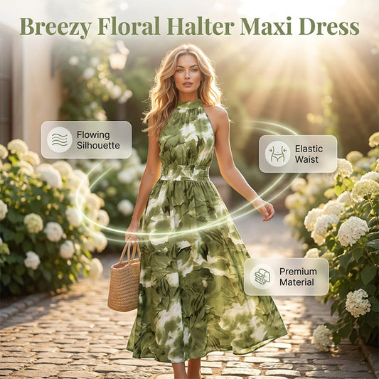 👗 LIMITED-TIME 50% OFF! 💥 Women's Halter Neck Sleeveless Printed Dress – Smocked Waist, Floral, Flowy ✨
