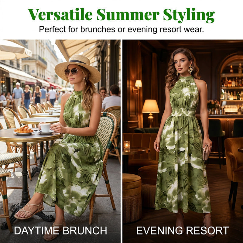 👗 LIMITED-TIME 50% OFF! 💥 Women's Halter Neck Sleeveless Printed Dress – Smocked Waist, Floral, Flowy ✨