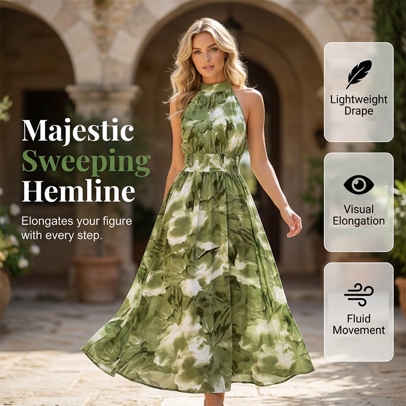 👗 LIMITED-TIME 50% OFF! 💥 Women's Halter Neck Sleeveless Printed Dress – Smocked Waist, Floral, Flowy ✨