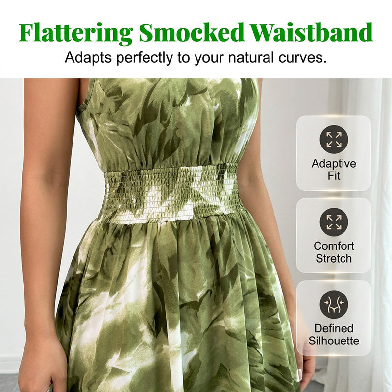 👗 LIMITED-TIME 50% OFF! 💥 Women's Halter Neck Sleeveless Printed Dress – Smocked Waist, Floral, Flowy ✨