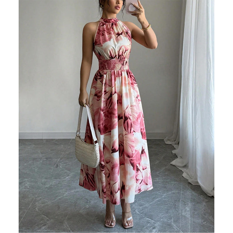 👗 LIMITED-TIME 50% OFF! 💥 Women's Halter Neck Sleeveless Printed Dress – Smocked Waist, Floral, Flowy ✨