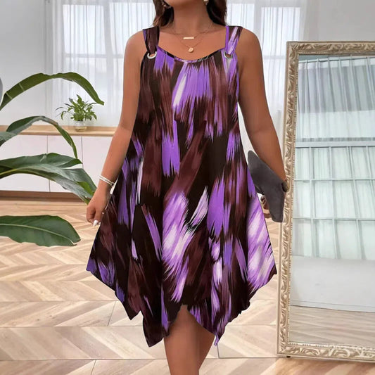 👗 ¡OFERTA POR TIEMPO LIMITADO 50% DE DESCUENTO! 💥 Vestido Sin Mangas con Estampado Degradado Elegante – Dobladillo Asimétrico, Tirantes con Argolla, Corte Fluido ✨