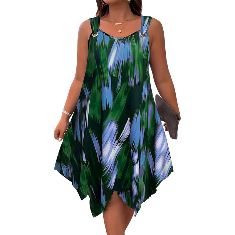 👗 ¡OFERTA POR TIEMPO LIMITADO 50% DE DESCUENTO! 💥 Vestido Sin Mangas con Estampado Degradado Elegante – Dobladillo Asimétrico, Tirantes con Argolla, Corte Fluido ✨