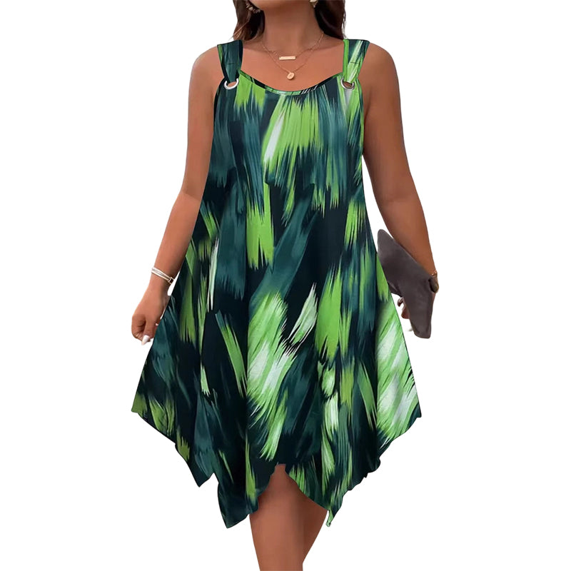 👗 ¡OFERTA POR TIEMPO LIMITADO 50% DE DESCUENTO! 💥 Vestido Sin Mangas con Estampado Degradado Elegante – Dobladillo Asimétrico, Tirantes con Argolla, Corte Fluido ✨