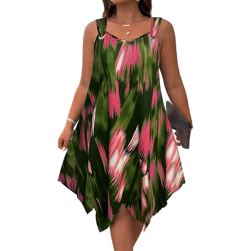 👗 ¡OFERTA POR TIEMPO LIMITADO 50% DE DESCUENTO! 💥 Vestido Sin Mangas con Estampado Degradado Elegante – Dobladillo Asimétrico, Tirantes con Argolla, Corte Fluido ✨