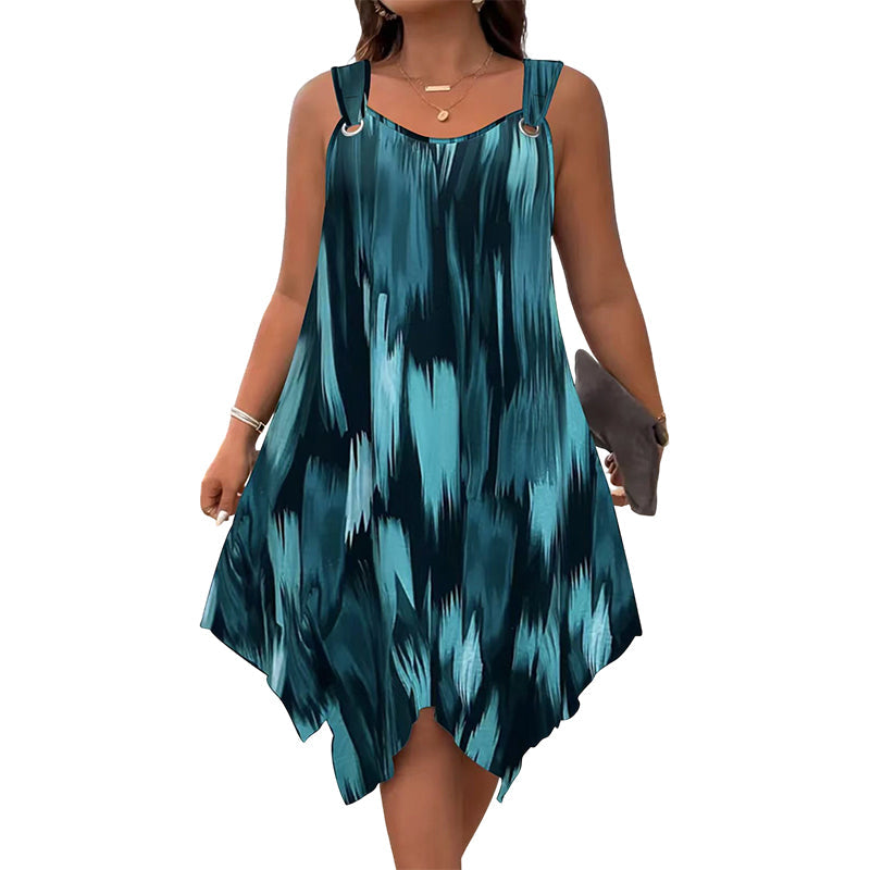 👗 ¡OFERTA POR TIEMPO LIMITADO 50% DE DESCUENTO! 💥 Vestido Sin Mangas con Estampado Degradado Elegante – Dobladillo Asimétrico, Tirantes con Argolla, Corte Fluido ✨