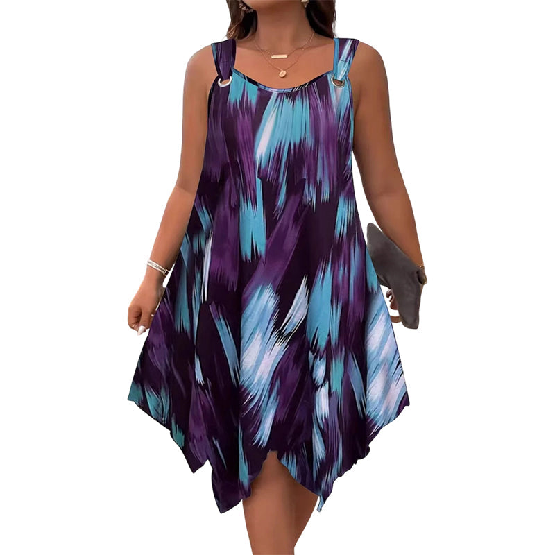 👗 ¡OFERTA POR TIEMPO LIMITADO 50% DE DESCUENTO! 💥 Vestido Sin Mangas con Estampado Degradado Elegante – Dobladillo Asimétrico, Tirantes con Argolla, Corte Fluido ✨