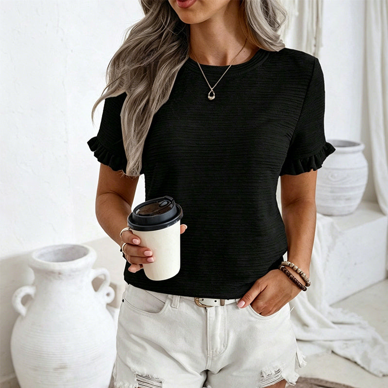 👚 ¡OFERTA LIMITADA 50% DE DESCUENTO! 💥 Top de Verano con Manga con Volantes para Mujer – Cuello Redondo, Texturizado, Resistente a las Arrugas ✨