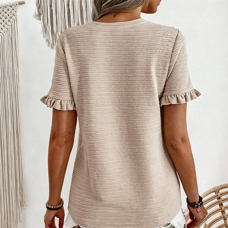 👚 ¡OFERTA LIMITADA 50% DE DESCUENTO! 💥 Top de Verano con Manga con Volantes para Mujer – Cuello Redondo, Texturizado, Resistente a las Arrugas ✨