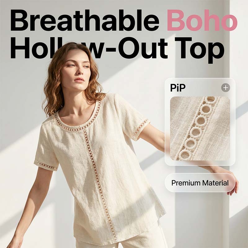 👕 ¡OFERTA LIMITADA 50% DE DESCUENTO! 💥 Top Bohemio Casual con Calados para Mujer – Encaje, Corte Holgado, Transpirable ✨