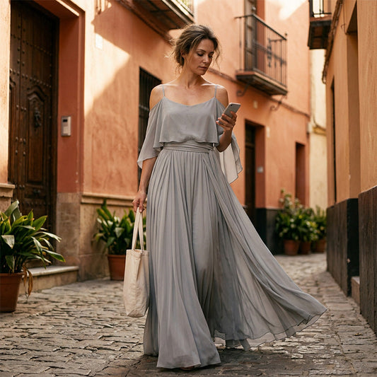 👗 LIMITED-TIME 50% OFF! 💥 Women's Elegant Cold Shoulder Flowy Maxi Dress – Off-Shoulder, Cinched Waist, Spaghetti Straps ✨