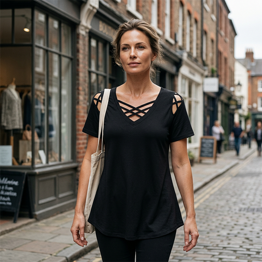 ⏰Último Día de Venta 50% OFF Camiseta Chic de Cuello en V Cruzado para Mujer, Tela Suave y Elástica para Verano Casual