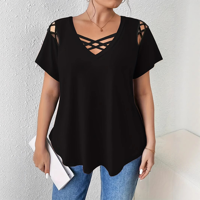 ⏰Last Day Sale 65% OFF Women's Chic Criss-Cross V-Neck T-Shirt, Soft Stretchy Summer Casual Tee