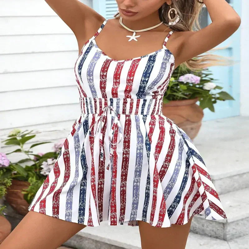 👗 LIMITED-TIME 50% OFF! 💥 Women's Sleeveless Wrap Style Striped Summer Romper – V-Neck, Drawstring Waist, Breathable ✨