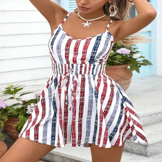 👗 LIMITED-TIME 50% OFF! 💥 Women's Sleeveless Wrap Style Striped Summer Romper – V-Neck, Drawstring Waist, Breathable ✨