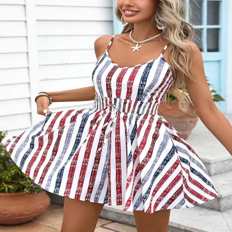 👗 LIMITED-TIME 50% OFF! 💥 Women's Sleeveless Wrap Style Striped Summer Romper – V-Neck, Drawstring Waist, Breathable ✨
