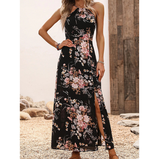 ⏳ 50% de descuento por tiempo limitado ⏰ Vestido Halter con Estampado Floral y Abertura Lateral 👗🌺