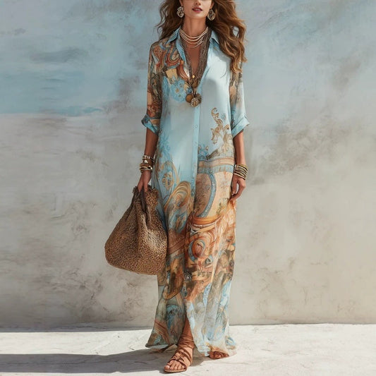👗 ¡OFERTA POR TIEMPO LIMITADO 50% DTO! ✨ Vestido Maxi Retro con Estampado Elegante – Escote en V con Botones, Silueta Fluida, Estilo Boho Chic 🌸
