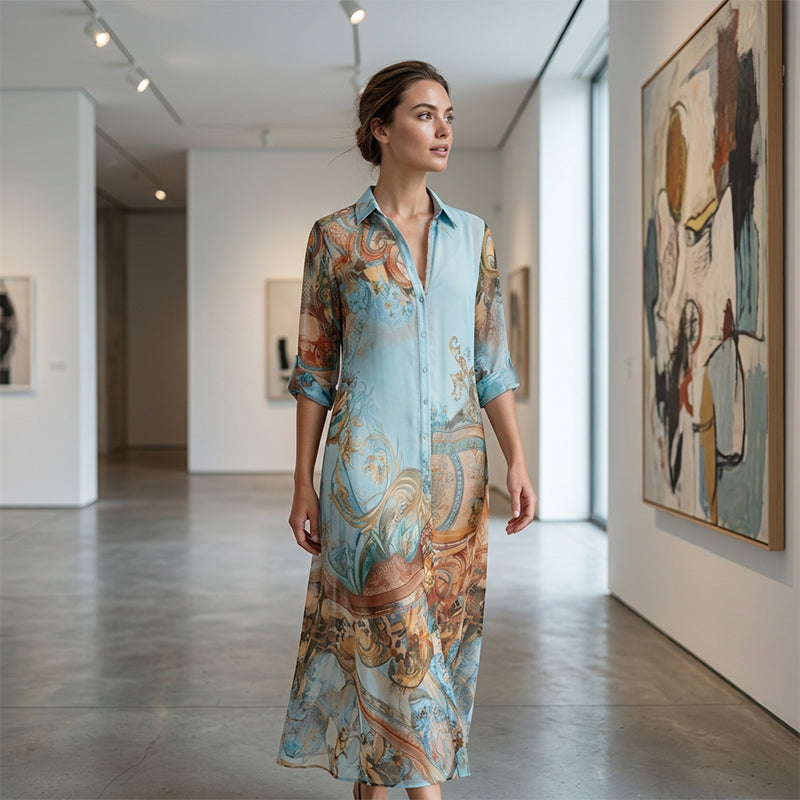 👗 LIMITED-TIME 50% OFF! ✨ Elegant Retro Print Maxi Dress – V-Neck Button-Down, Flowy Silhouette, Boho Chic 🌸