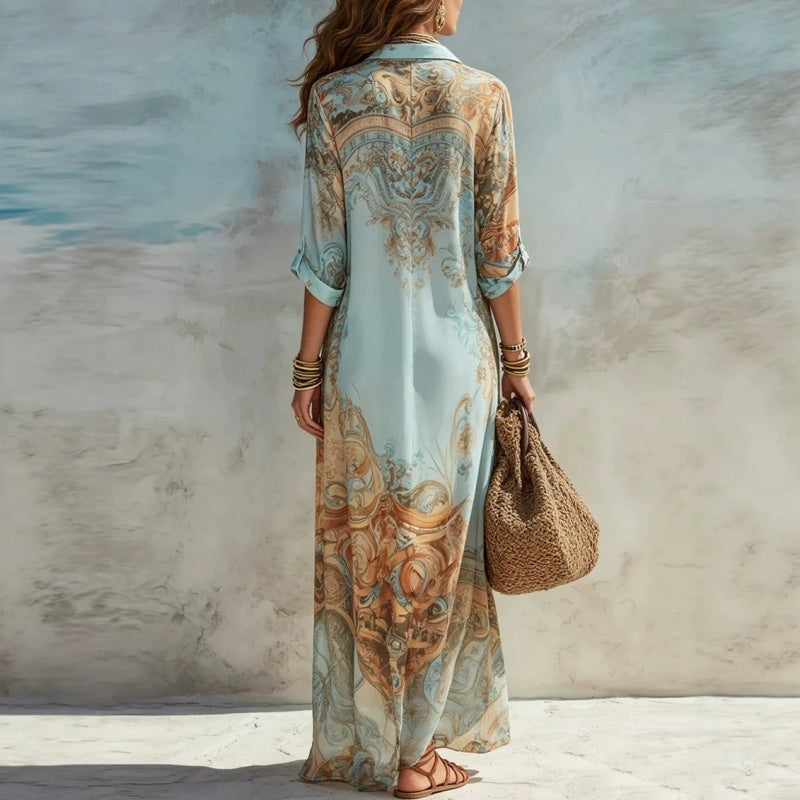 👗 LIMITED-TIME 50% OFF! ✨ Elegant Retro Print Maxi Dress – V-Neck Button-Down, Flowy Silhouette, Boho Chic 🌸