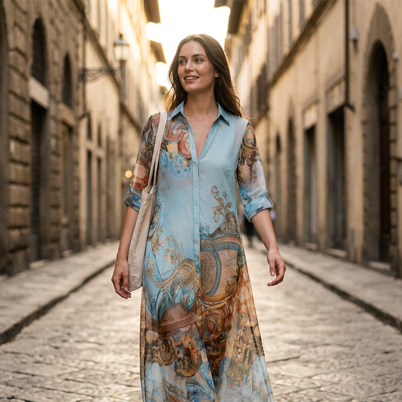 👗 LIMITED-TIME 50% OFF! ✨ Elegant Retro Print Maxi Dress – V-Neck Button-Down, Flowy Silhouette, Boho Chic 🌸