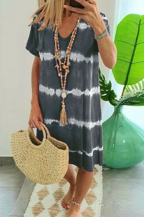 🔥Vestido estilo camiseta holgado de manga corta a rayas con efecto tie-dye