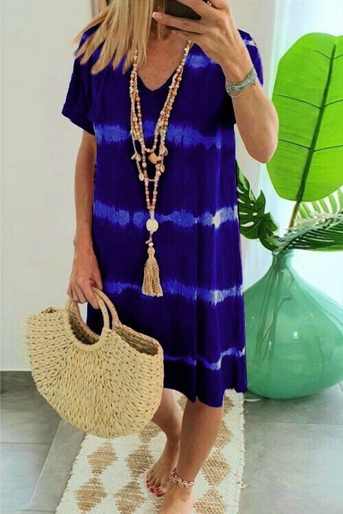 🔥Vestido estilo camiseta holgado de manga corta a rayas con efecto tie-dye