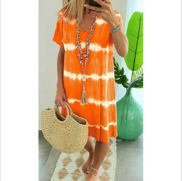 🔥Vestido estilo camiseta holgado de manga corta a rayas con efecto tie-dye