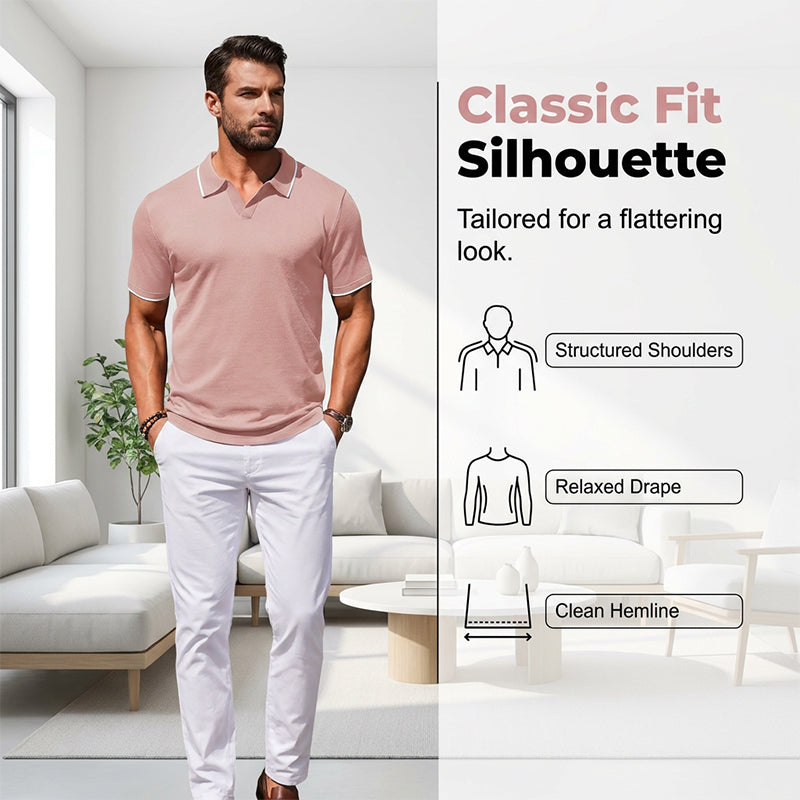 Camiseta Casual de Cuello en V para Hombre con Ribete de Contraste y Manga Corta para Verano
