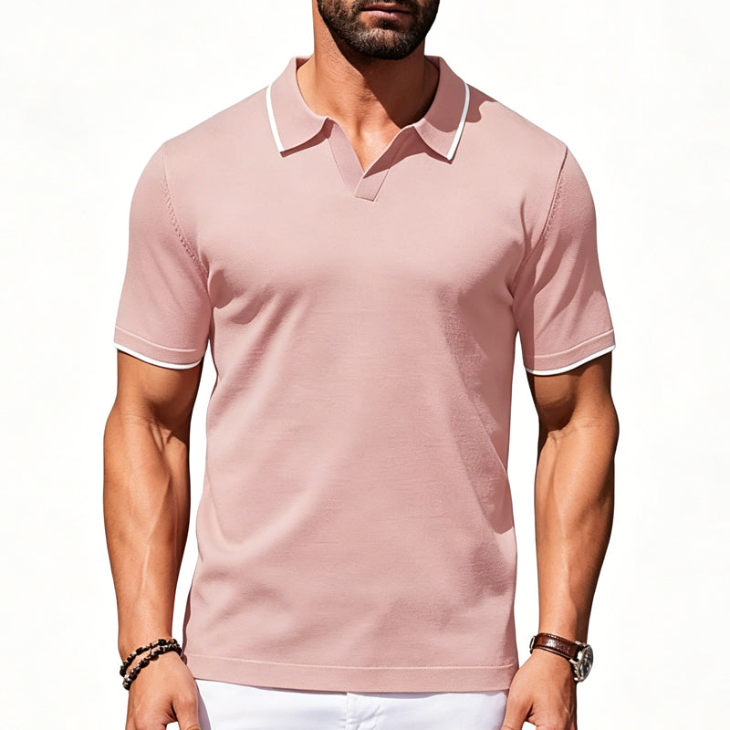Camiseta Casual de Cuello en V para Hombre con Ribete de Contraste y Manga Corta para Verano