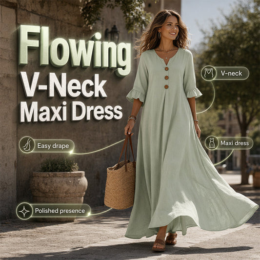 👗 ¡50% OFF POR TIEMPO LIMITADO! ✨ Vestido Maxi Holgado con Escote en V para Mujer – Silueta Fluida, Tela Suave, Del Día a la Noche 🌙