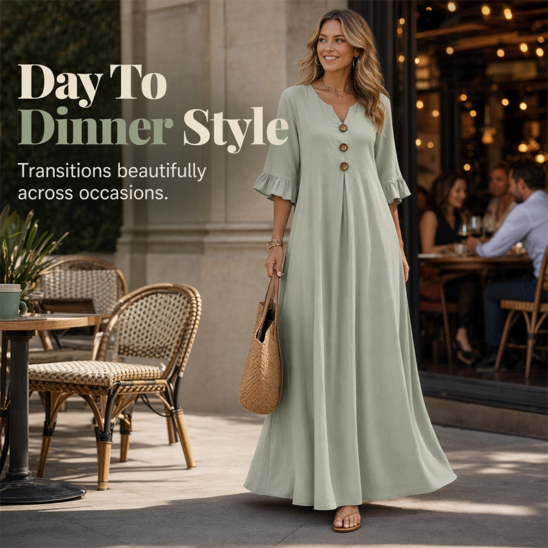 👗 ¡50% OFF POR TIEMPO LIMITADO! ✨ Vestido Maxi Holgado con Escote en V para Mujer – Silueta Fluida, Tela Suave, Del Día a la Noche 🌙