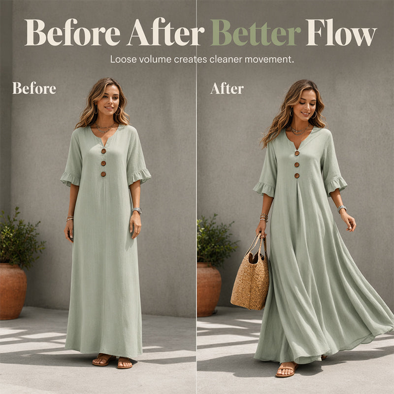 👗 ¡50% OFF POR TIEMPO LIMITADO! ✨ Vestido Maxi Holgado con Escote en V para Mujer – Silueta Fluida, Tela Suave, Del Día a la Noche 🌙