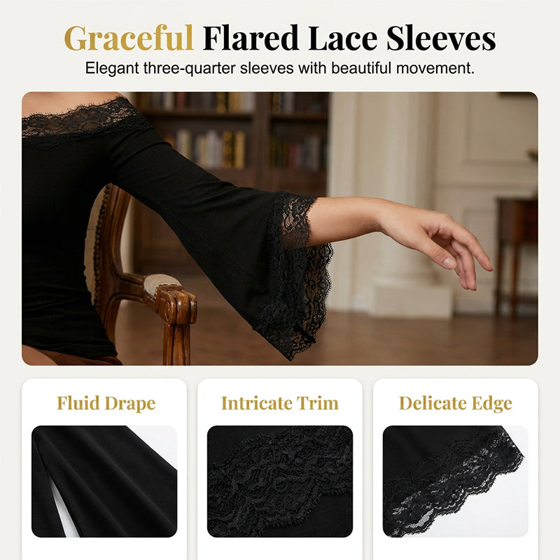 👚 50% OFF NOW! 🖤 Women's Chic Black Slim Fit Off-Shoulder Flare Sleeve T-Shirt – Soft & stretchy – Perfect for parties, date nights or chic casual looks ✨🌸