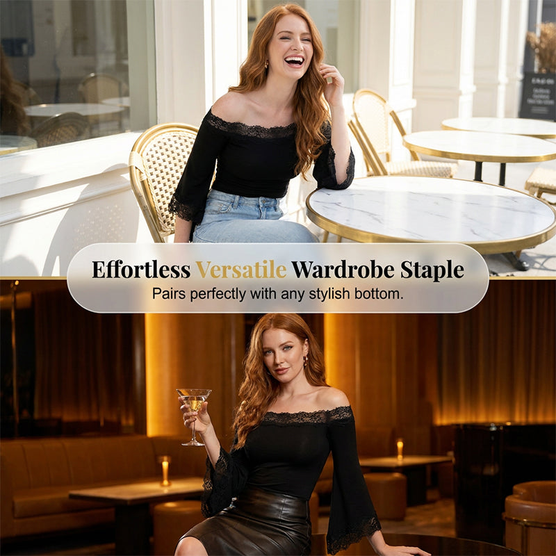 👚 50% OFF NOW! 🖤 Women's Chic Black Slim Fit Off-Shoulder Flare Sleeve T-Shirt – Soft & stretchy – Perfect for parties, date nights or chic casual looks ✨🌸