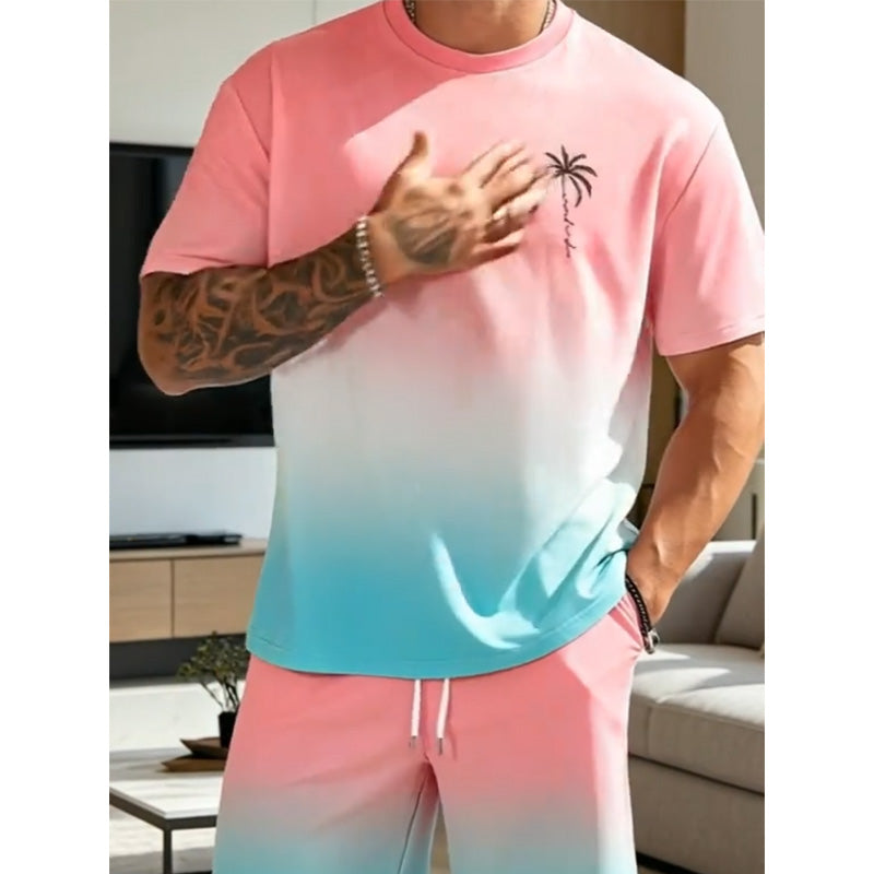 ⏳🔥¡OFERTA POR TIEMPO LIMITADO 50% OFF! 🌊 Conjunto de Camiseta de Manga Corta con Degradado y Shorts para Hombre