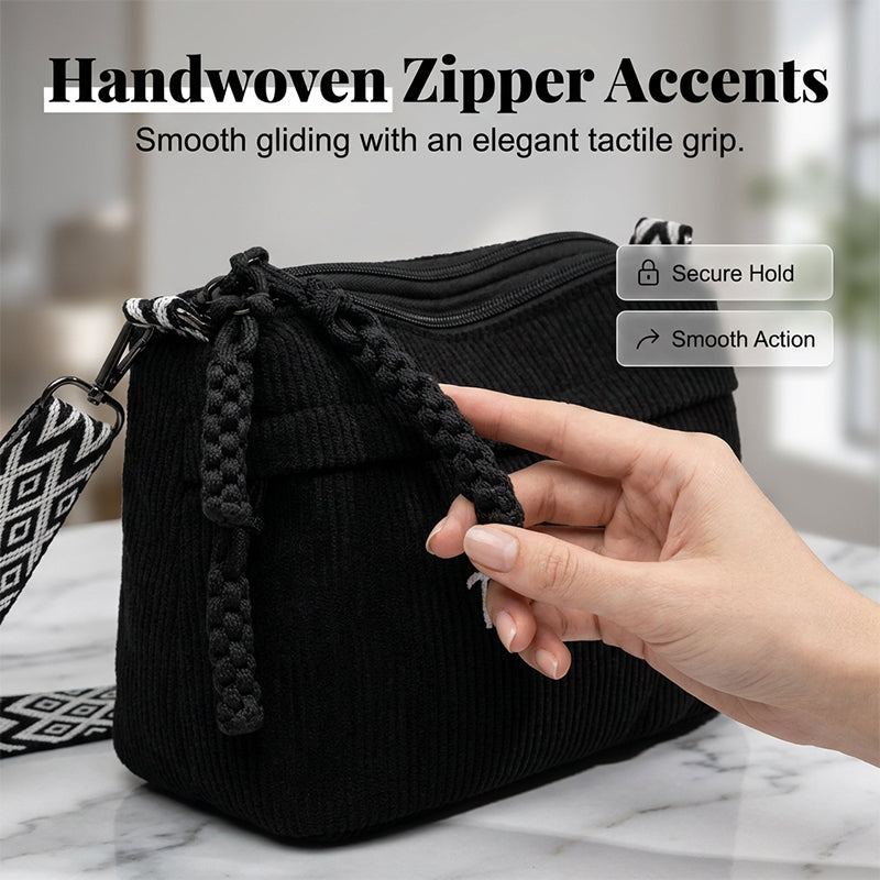 👜 LIMITED-TIME 50% OFF! ✨ Women's Vintage Large-Capacity Crossbody Bag – Ribbed Fabric, Multi-Zip, Geometric Strap 🌿