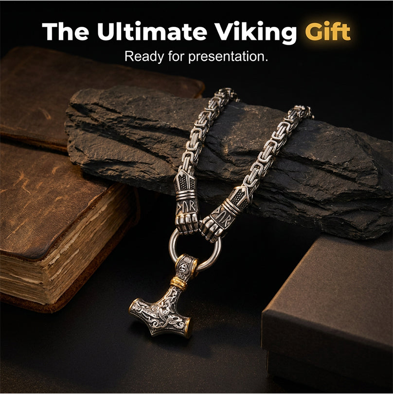 🎉 2026 Sale — Over 51,000 Sold! ⚡ Viking Thor Hammer Pendant Necklace – Stainless Steel Byzantine Chain 🛡️