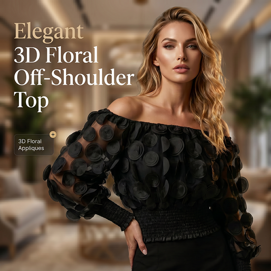 👗 ¡OFERTA POR TIEMPO LIMITADO 50% DTO! ✨ Top Ajustado con Hombros Descubiertos – Apliques Florales 3D, Cintura Fruncida, Mangas Globo 🌸