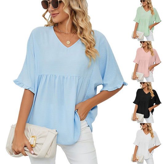 👕 ¡OFERTA POR TIEMPO LIMITADO 50% DTO! ✨ Blusa Casual de Manga Corta con Escote en V para Mujer – Mangas con Volantes, Corte Holgado, Versátil 🌸
