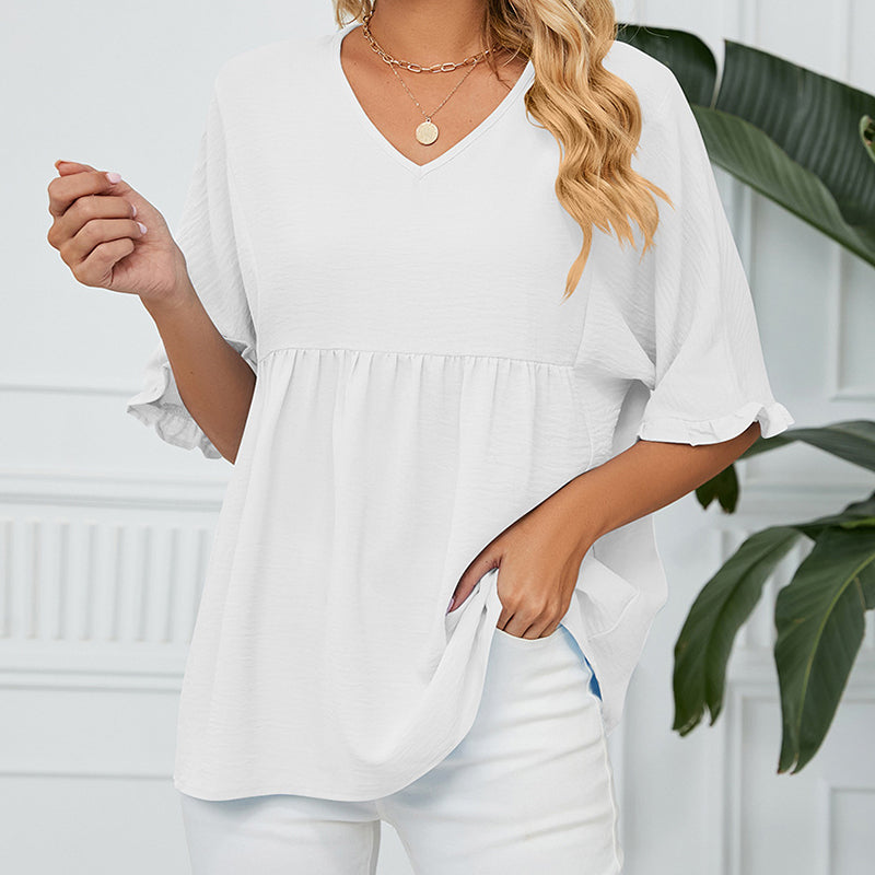 👕 LIMITED-TIME 50% OFF! ✨ Women's V-Neck Short Sleeve Casual Blouse – Ruffle Sleeves, Relaxed Fit, Versatile 🌸