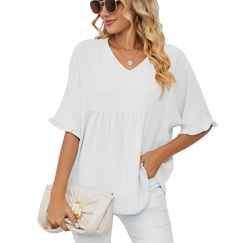 👕 LIMITED-TIME 50% OFF! ✨ Women's V-Neck Short Sleeve Casual Blouse – Ruffle Sleeves, Relaxed Fit, Versatile 🌸