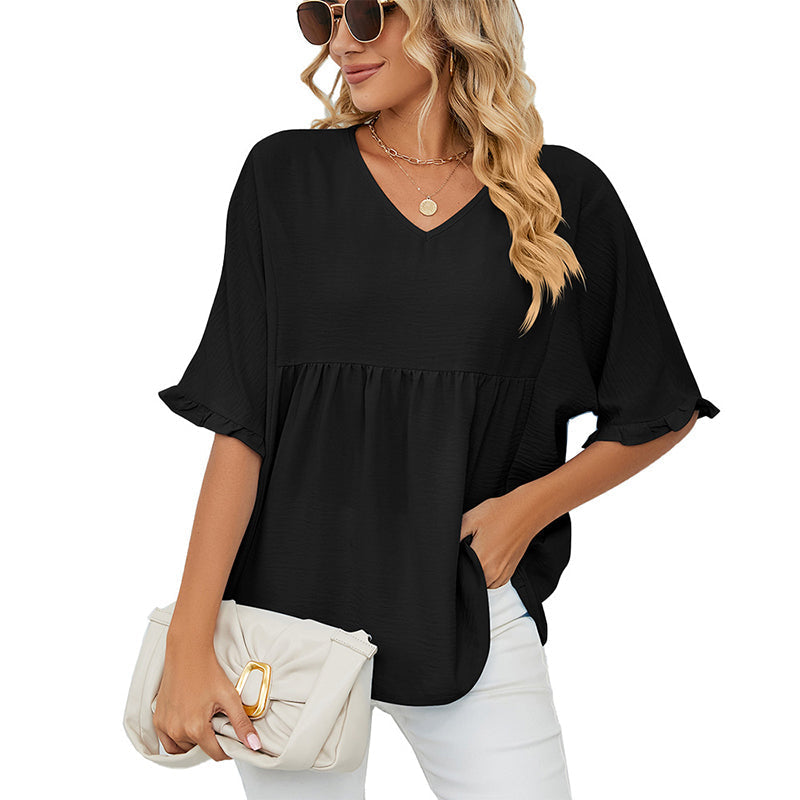 👕 LIMITED-TIME 50% OFF! ✨ Women's V-Neck Short Sleeve Casual Blouse – Ruffle Sleeves, Relaxed Fit, Versatile 🌸
