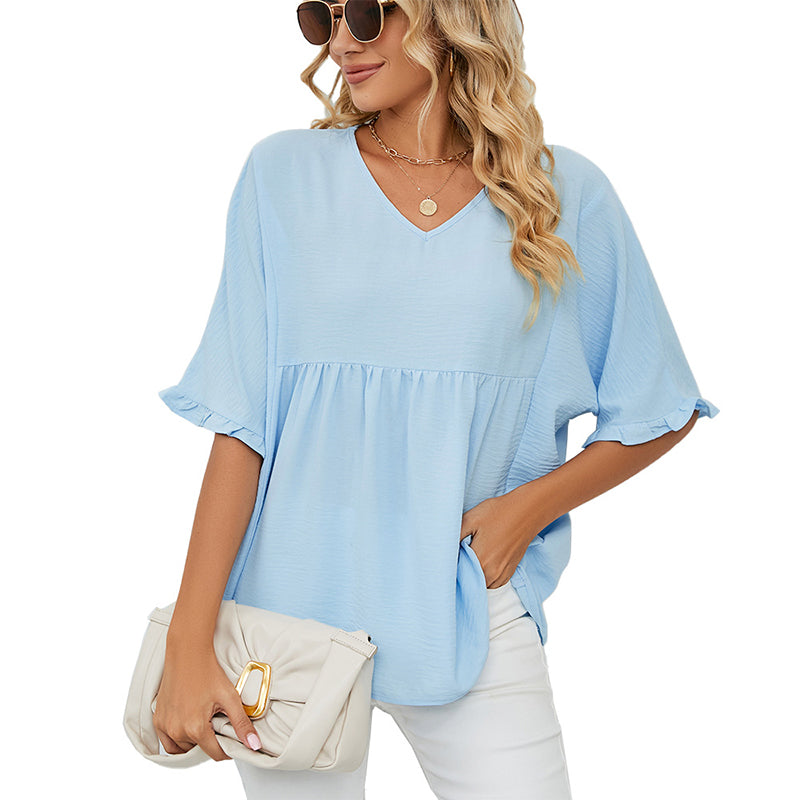 👕 LIMITED-TIME 50% OFF! ✨ Women's V-Neck Short Sleeve Casual Blouse – Ruffle Sleeves, Relaxed Fit, Versatile 🌸